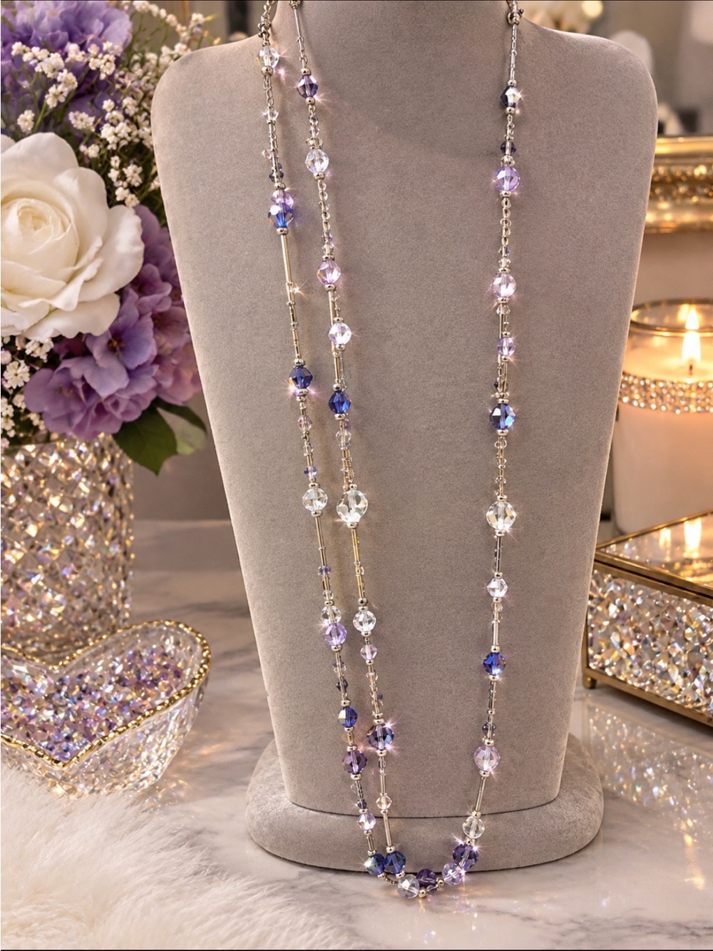 Crystal Bead Long Necklace in Purple and Clear - Women Jewelry